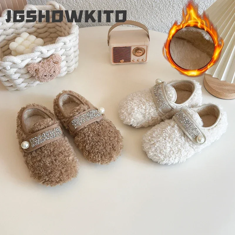 JGSHOWKITO Girls Plush Shoes Autumn Winter Warm Thermal Cotton-padded Kids Flats Children Casual Shoes Fluffy with Rhinestone