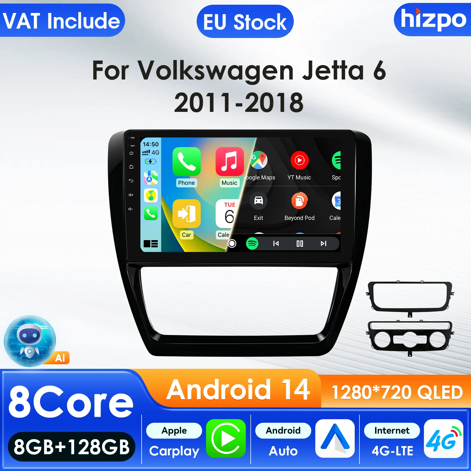 Autoradio Hizpo 10.1 Carplay 4G avec système IA pour Volkswagen Jetta 6 2011-2018, lecteur multimédia vidéo, caméra 360°, écran intelligent 10.1 pouces QLED, unité centrale automobile, navigation 5G WIFI DSP, écran partagé, ADAS, USB, DVR, SWC, FM, AM, RDS, caméra