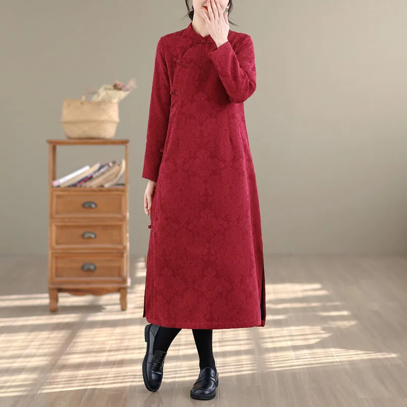 Retro Chinese Style Qipao Dress Ladies Warm Fleece Lined Jacquard Long Sleeve Modified Cheongsam Midi Dress for Autumn Winter