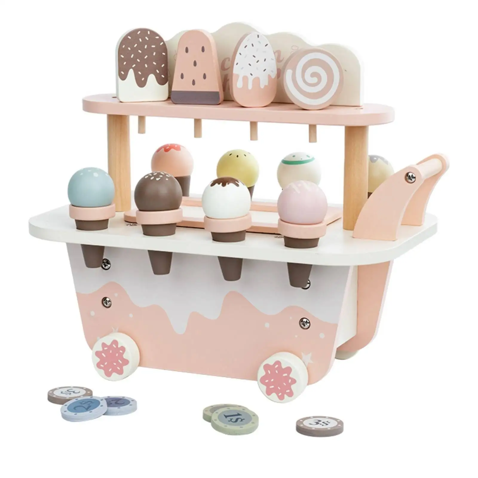 carretto-dei-gelati-in-legno-rosa-e-bianco-con-ruote-floreali-per-sala-giochi