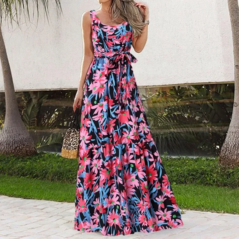 New Women's Spring Summer Elegant Square Neck Sleeveless Printed Long Dress Fashion Leisure Beach Vacation Belt Long Dress