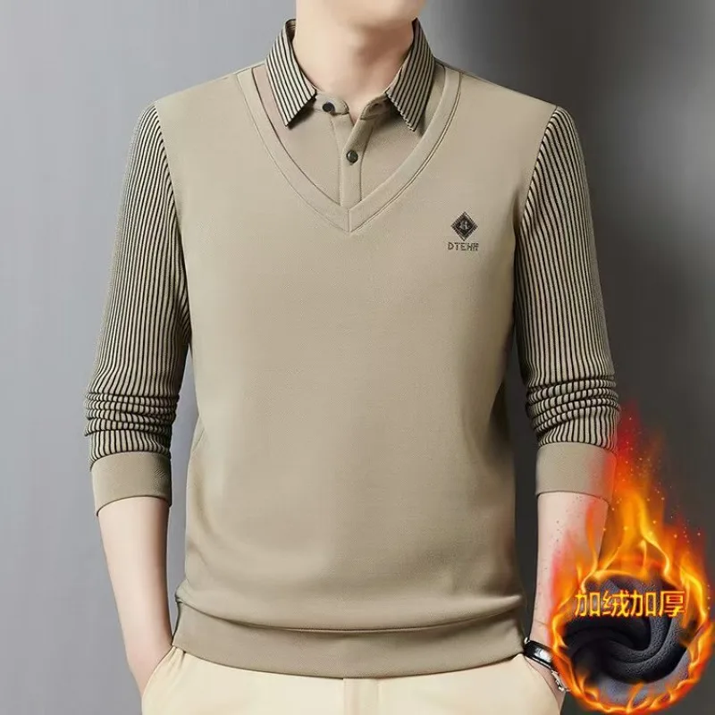 الخريف الشتاء الرجال بولو طوق البلوز مخطط الصوف سميكة سليم صالح القمم وهمية قطعتين تريكو الأعمال السببية البلوزات