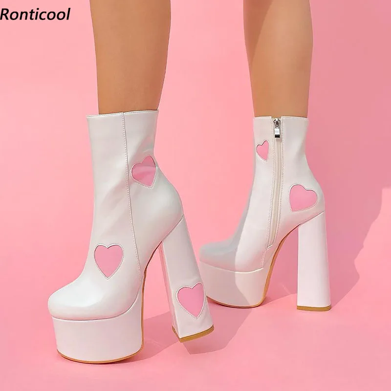 

Ronticool Handmade Women Platform Glossy Ankle Boots Chunky Heels Round Toe White Pink Red Outfitting Shoes Plus Size 35-52