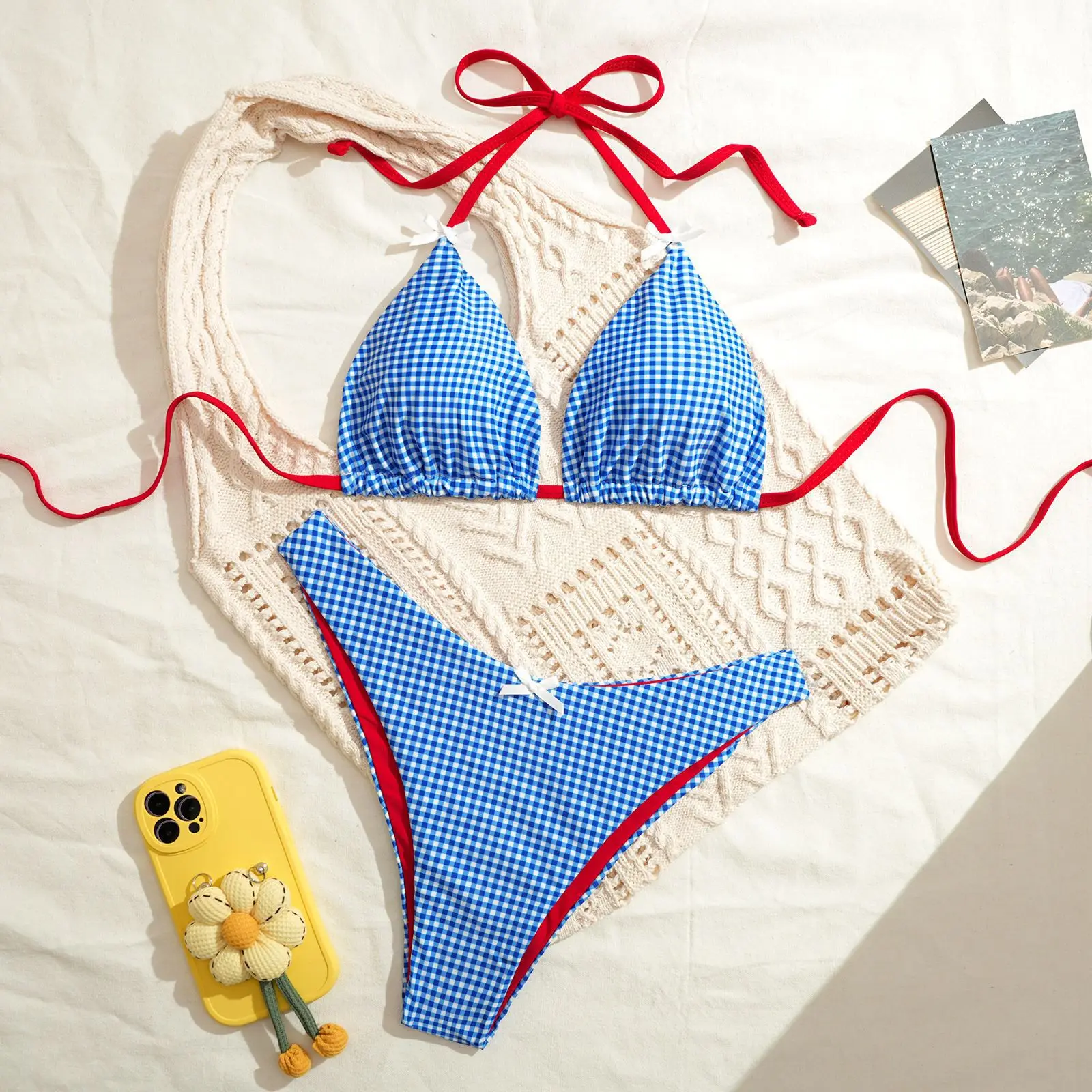 

New Sexy Triangle Push Up Bikini Bowknot Brazilian Bikinis Plaid String Bathing Suit Women Swimsuit Femme Biquini Beach Wear