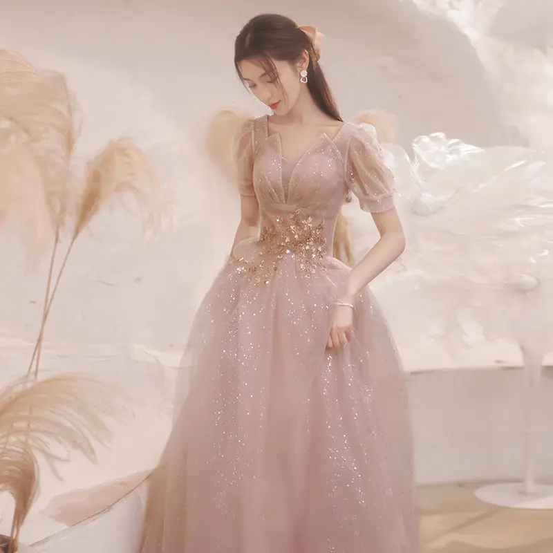 Party Dresses Female 2023 New High-End Light Luxury Embroidery Beaded Wedding Dress Temperament Performance Dress Female Evening