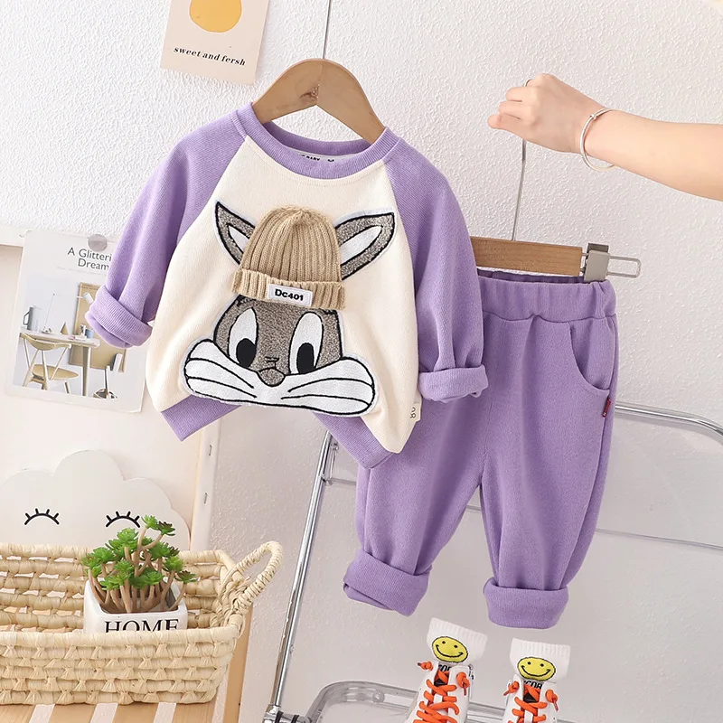 2024 korean Spring Kids Girl 2PCS Clothes Set Embroidery Cartoon Rabbit Sweatshirt Sweatpants Track Suit Infant Baby Girl Outfit