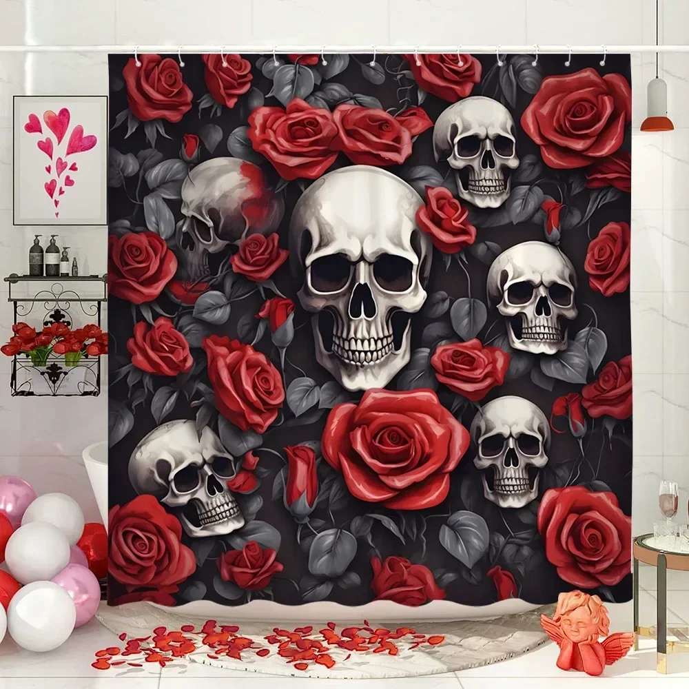 Valentine\'s Day Shower Curtain Roses Love Skulls Eternal Theme Spanish Art Fabric Bathroom Decoration