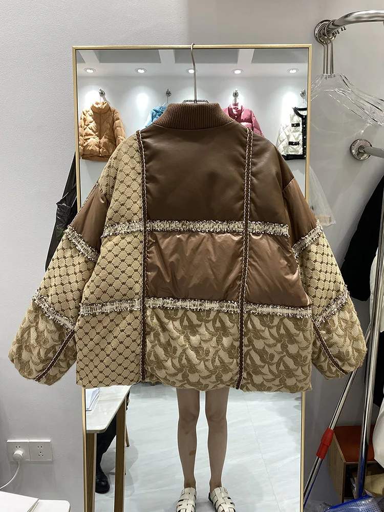 New Winter Puffer Jacket Women High Neck Patchwork Warm Stitching White Duck Down Thermal Bread Coats 2023