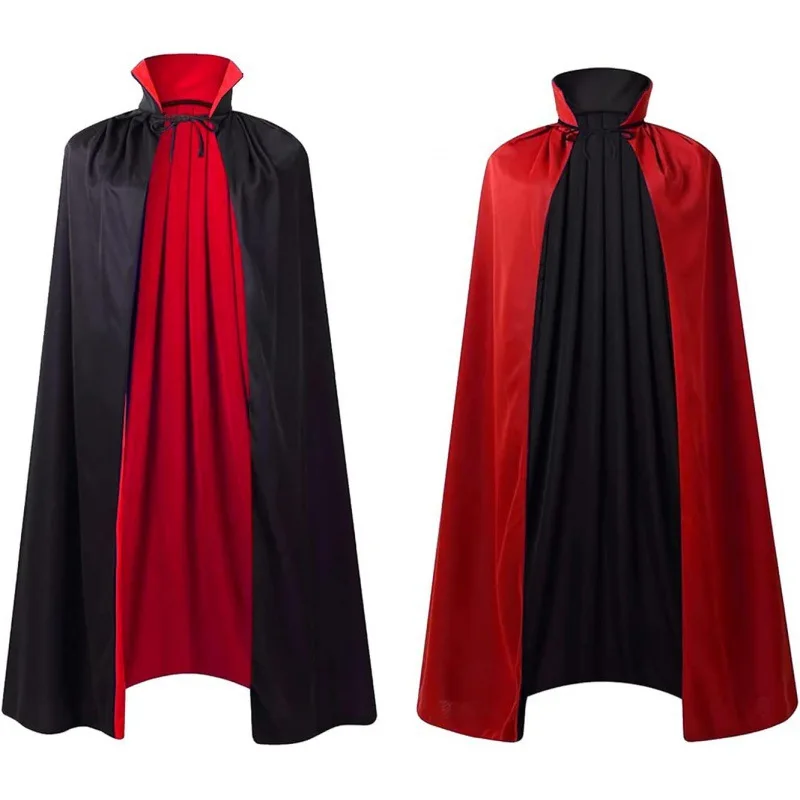 

Halloween Adult Child Hooded Cloak Medieval Costume Black Red Reversible Vampire Witch Wicca Cosplay Costume Stand Collar Cloak