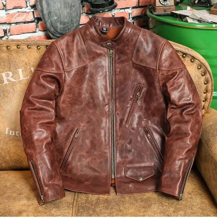 

YR!Free shipping.Cool motor biker style oil wax Horsehide jacket,Vintage slim genuine leather coat,Brown Rider leather coat