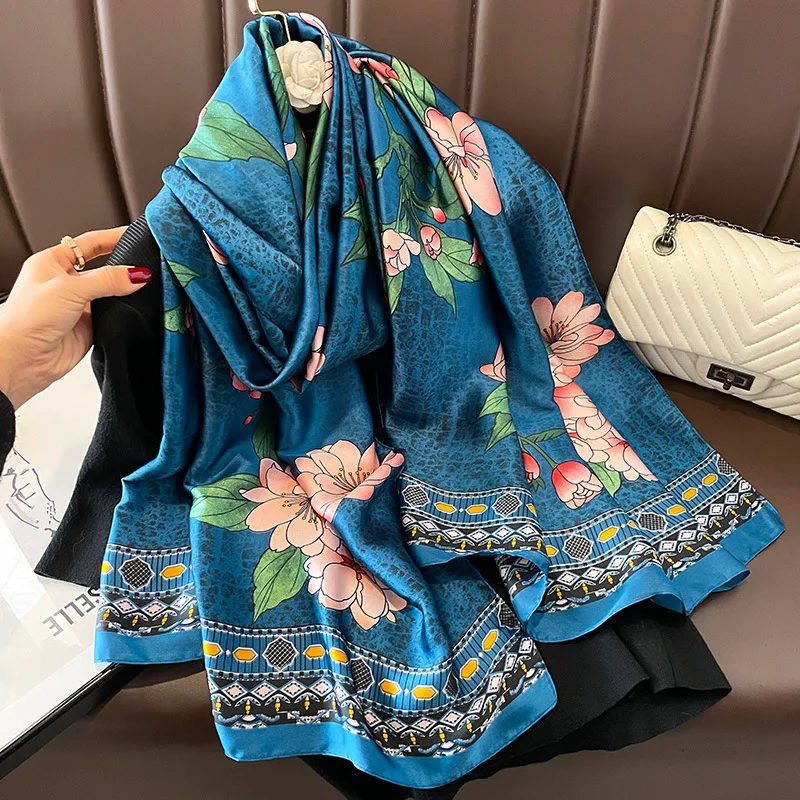 Silk Scarf Women Shawls Female Fashion Flowers For Traveling Sun Protect Sunscreen Beach Scarves Air Conditioning Wraps Luxury