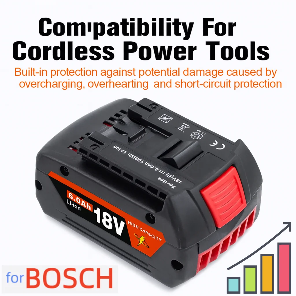 

High Capacity 18V 10.0Ah Lithium Battery Compatible with Bosch 18V Drill Impact Driver Wrench Saw Grinder Cordless Power Tools