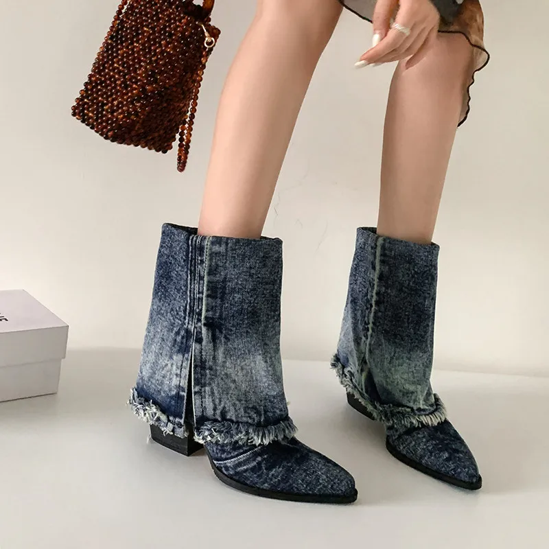 

MKKHOU Fashion Short Boots Women's New Denim Boots Pointed Flipped High Heel Ankle Boots Modern Commuter Women's Boots