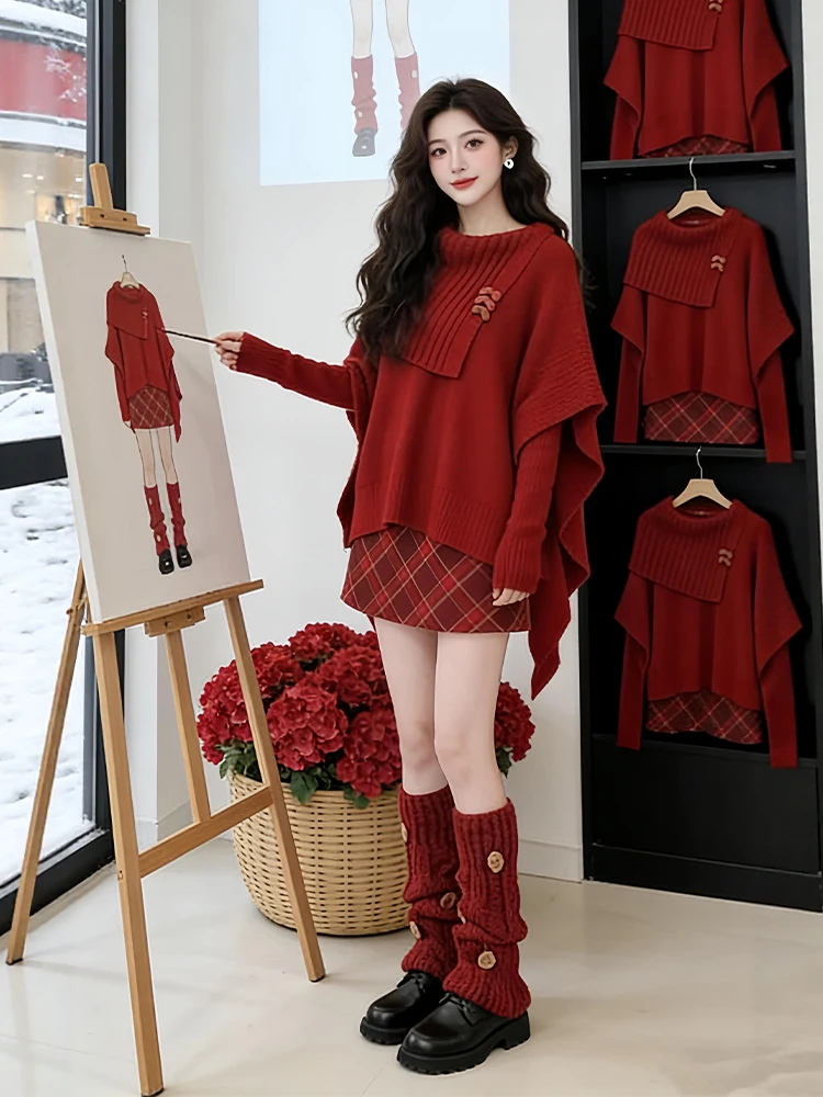 

Laid-back Red Sweater Skirt Set Women's Fashion Casual Style Mid-Length Loose Fit Comfortable Winter EnsembleHZVZ