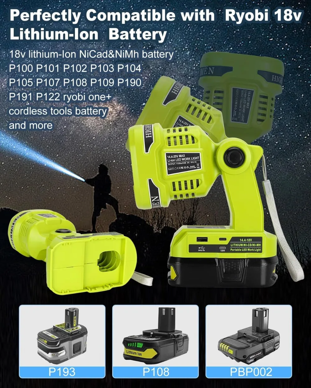 LED Flashlight for Ryobi 18v Battery 22W Cordless LED Work Light Spotlight Jobsite Light with USB for Camping, Outdoor, Indoor