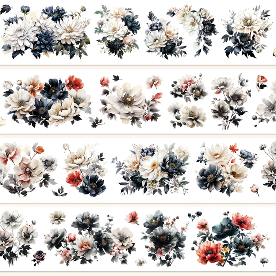 2M/rol pita hias gaya tinta pita hewan peliharaan bunga hitam dan putih untuk alat tulis jurnal perencana buku tempel pembuatan kartu