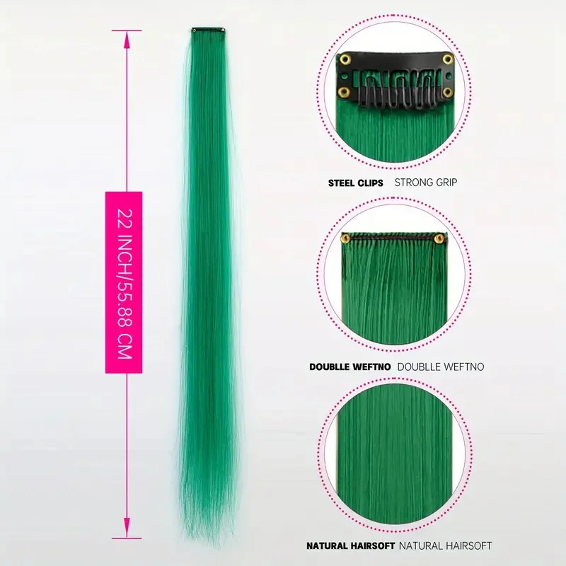 Extensiones de cabello sintético largas y rectas con clip de 22 pulgadas, postizos de alta temperatura, colores arcoíris, accesorios para mujer 2