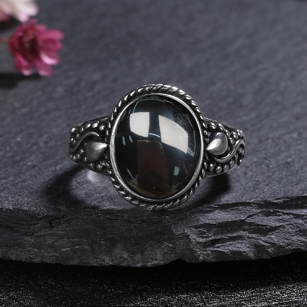 S925 Sterling SilverRing for Women 10*12 Oval Round Natural Black Agate Ring Gift Sun Shaped Retro Luxury Fine Jewelry