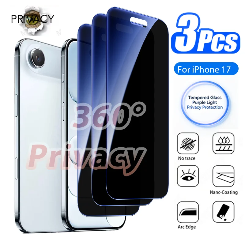

3Pieces for iPhone 17e/17PRo/17ProMax/17 4 Way 360° Purple Light Anti Spy Screen Protector - Eye Protection, Anti Spy Protection