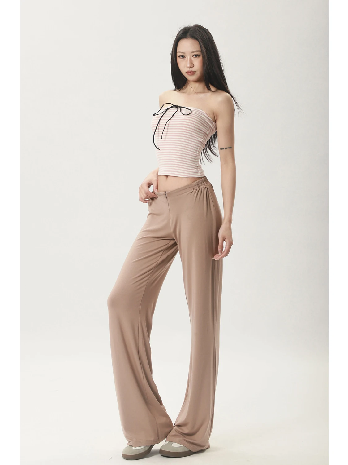 슬림 와이드 레그 팬츠 편안한 V 허리 지퍼 캐주얼 홈 요가 팬츠 여성용 봄 코튼 스트레이트 레그 바지