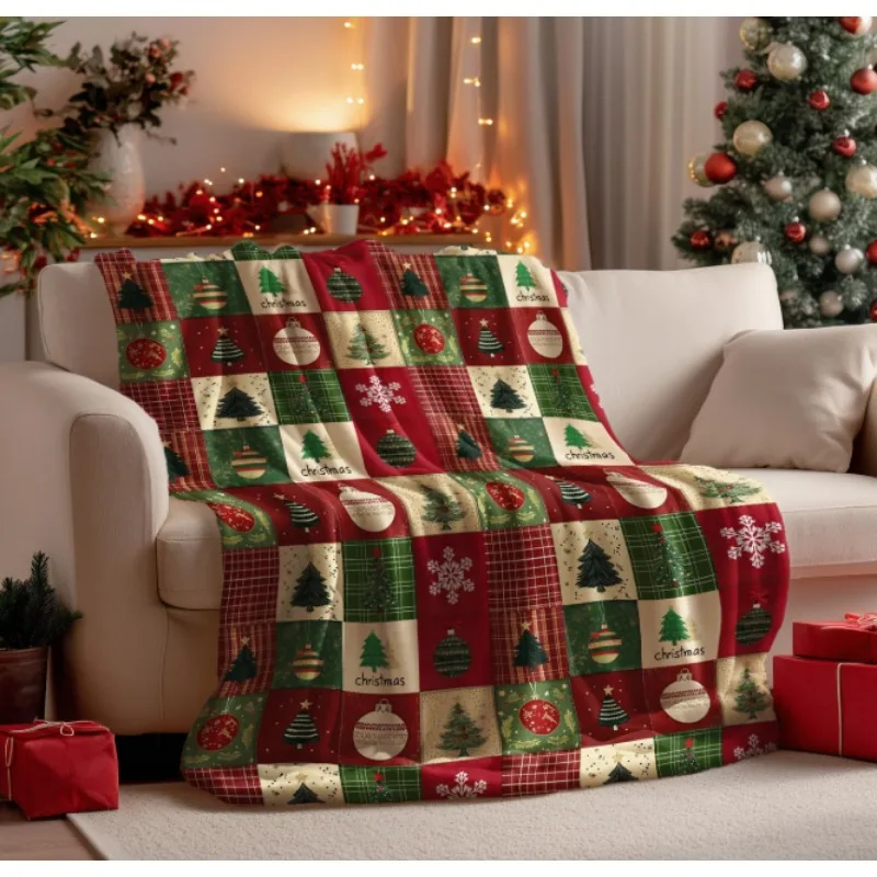 Ornamenti di neve con albero scozzese rosso e verde, morbida coperta accogliente in peluche per divano letto, regalo ideale per bambini, adulti e moglie