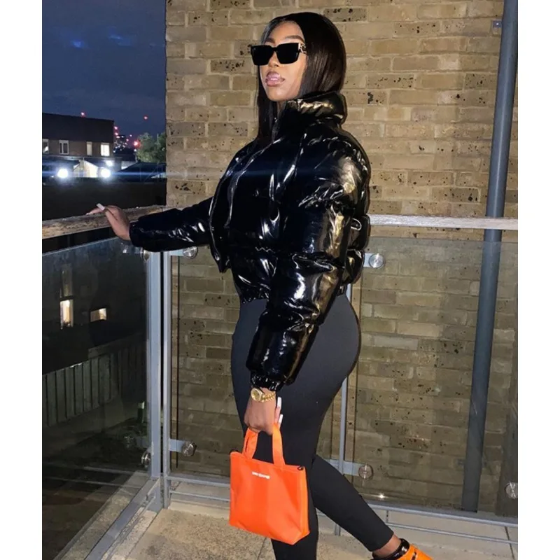 New solid-color mirror-finish PU leather stand-up collar cardigan tucked cotton-padded jacket women's clothing autumn and winter