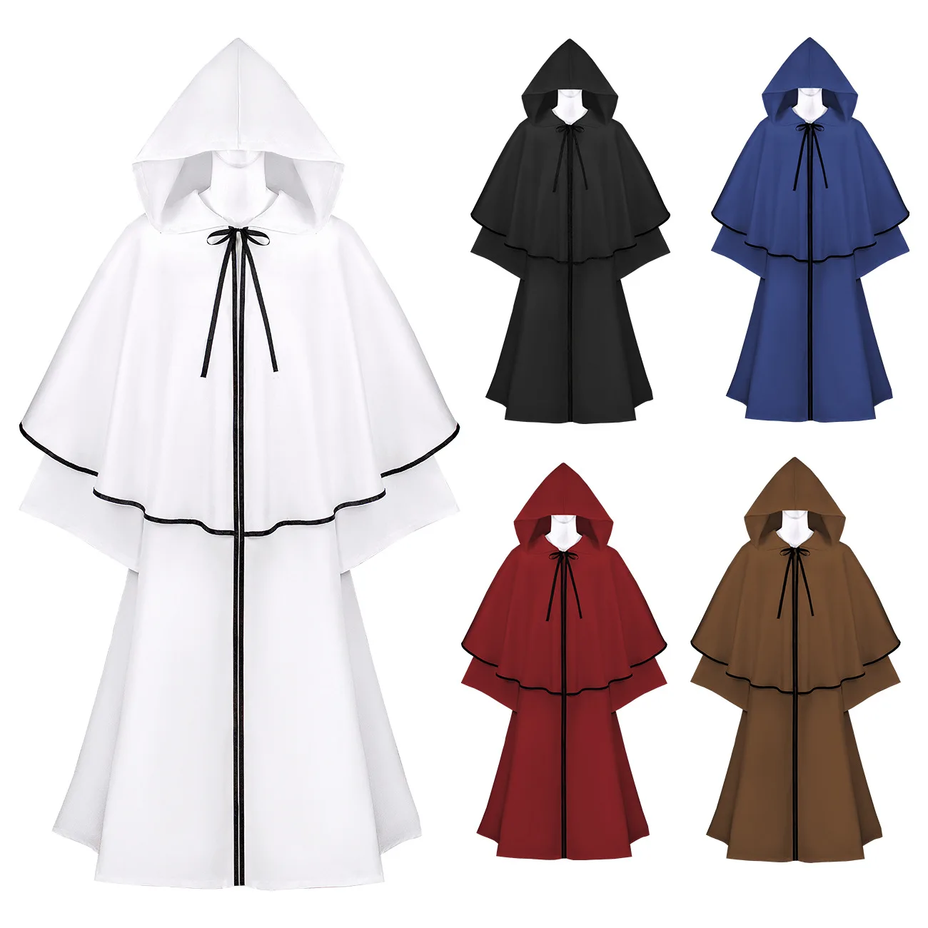 

Adult Medieval Hooded Robe Monk Priest Robe Halloween Carnival Cosplay Costume Black White Cloak Cape Wizard Tunic Cloak for Men