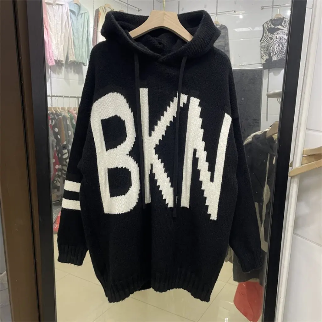 

Унисекс, большой свитер с капюшоном в европейском стиле, толстый вязаный кардиган с буквенным принтом, свободная повседневная осенне-зимняя куртка