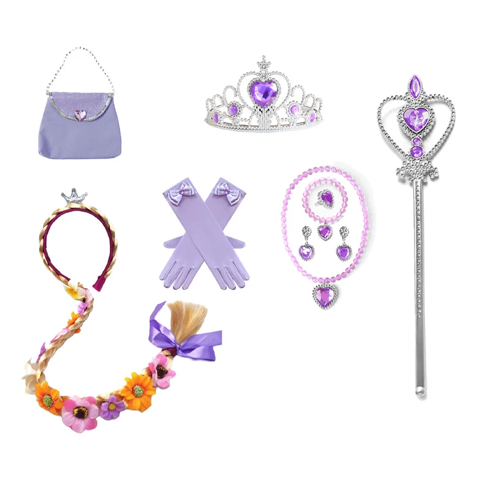 Rapunzel Princess Accessories Gloves Wand Crown Jewelry Set Kid Wig Necklace Braid for Princess Dress Clothing Cosplay Dress UP