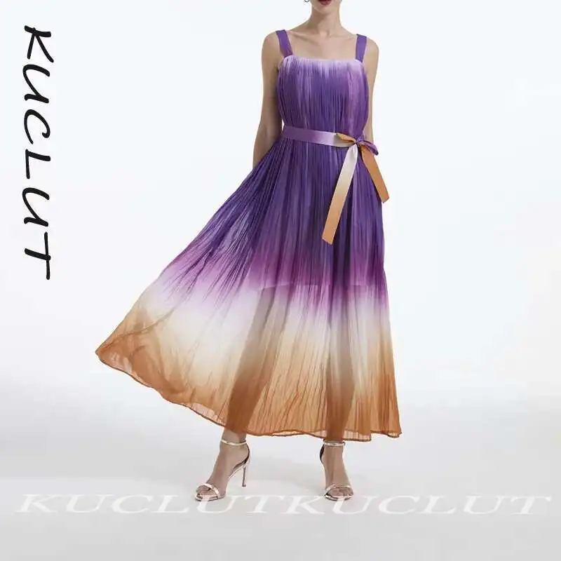 

KUCLUT 2025 New Fashion Gradient Suspender Women's Dress Beach Vaction Backless Mesh Waisted Sleeveless Dresses Female K368