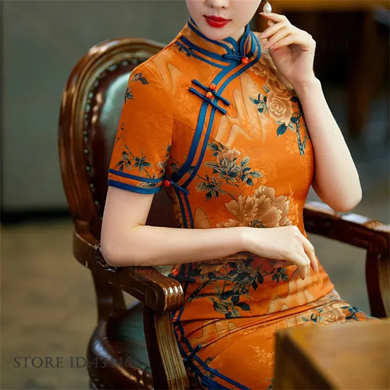 

Традиционное китайское женское Ципао, длинное стильное платье Cheongsam, женское шелковистое атласное платье с цветочным принтом, вечернее платье, Vestidos 3XL 4XL