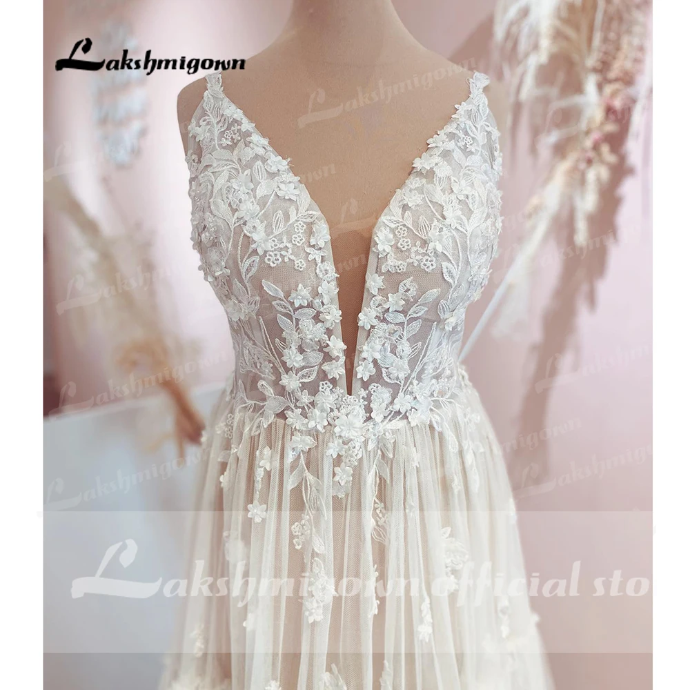 Sexy Boho Wedding Dress Applique Spaghetti Strap Illusion Backless Beach Bridal Gowns Suknia ślubna Lakshmigown