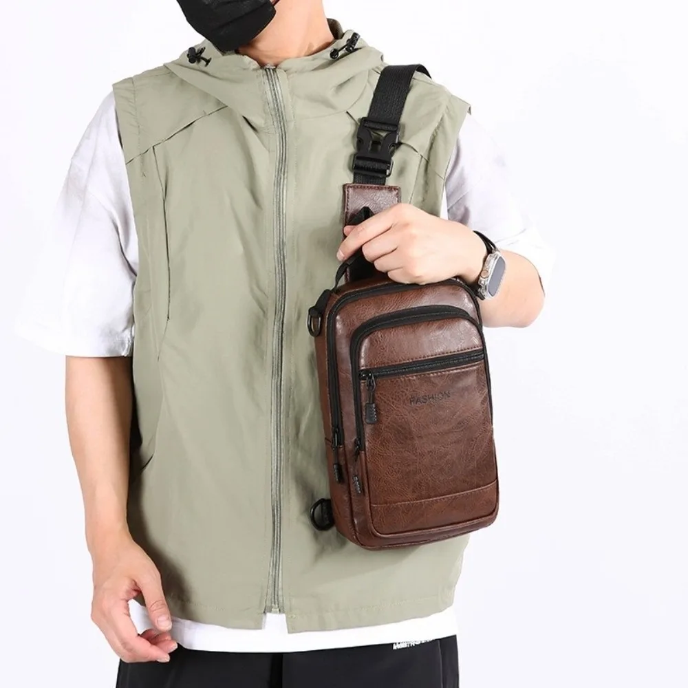 

PU Leather Men's Chest Bag Solid Color Multifunctional Sling Shoulder Bag Adjustable Strap Multiple pockets Male Crossbody Bag