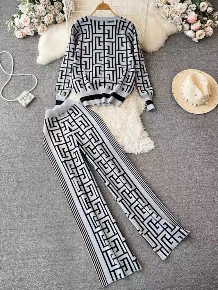 Women's Long Sleeve Jacquard Knit Top 2-Piece Labyrinth Print Loose Sweater + Wide Legs Long Pants Korean Style Casual Chic Suit