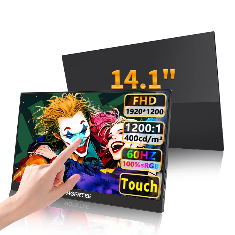 HGFRTEE 14,1 Zoll Tragbarer Monitor 10-Punkt-Touchscreen 1200P FHD IPS 100% sRGB HDR Zweiter externer Bildschirm mit integrierten Dual-Lautsprechern, 178 °   Großer Betrachtungswinkel, Typ-C- und