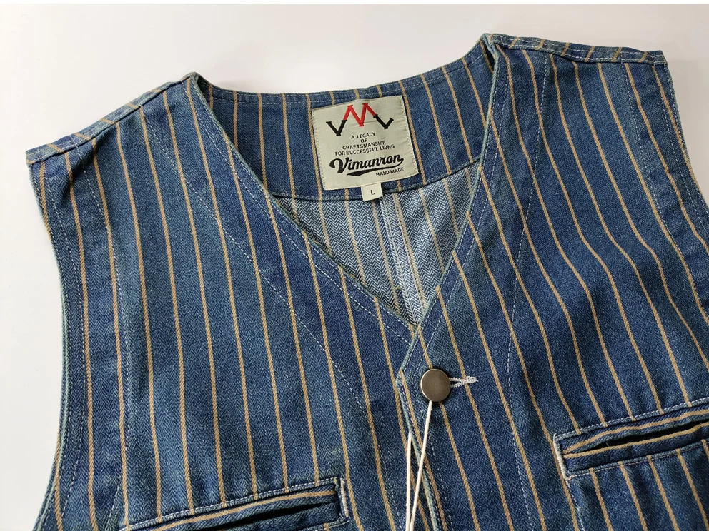 American casual retro denim blue vest washed 100% cotton vertical striped distressed buckle back gentleman camisole vintage