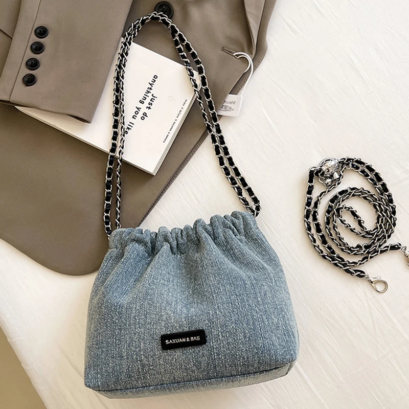 

Top Brand Dust Shoulder Bag Metal Chain Drawstring Tote Bag Denim Women Bag Classic 2024 New Design Female Bags Satchels