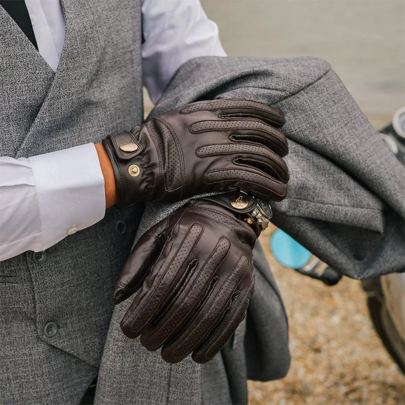 Goatskin Riding Leather Gloves, Vintage Moto Gloves for Motorcyclists, Breathable ,Touchscreen,Cycling Glove for men