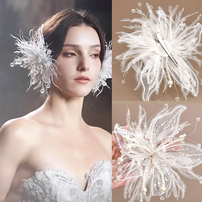 Vintage Fascinator Lace Flower Duckbill Clip Dance Show White Floral Mesh Flower Hairpin Bridal Wedding Veil Headwear Girl/Women