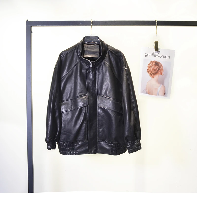 Vintage echte leren jas herfst winter vrouwelijke plantaardig gelooide schapenvacht korte bovenkleding oversize vriendje stijl bomberjack