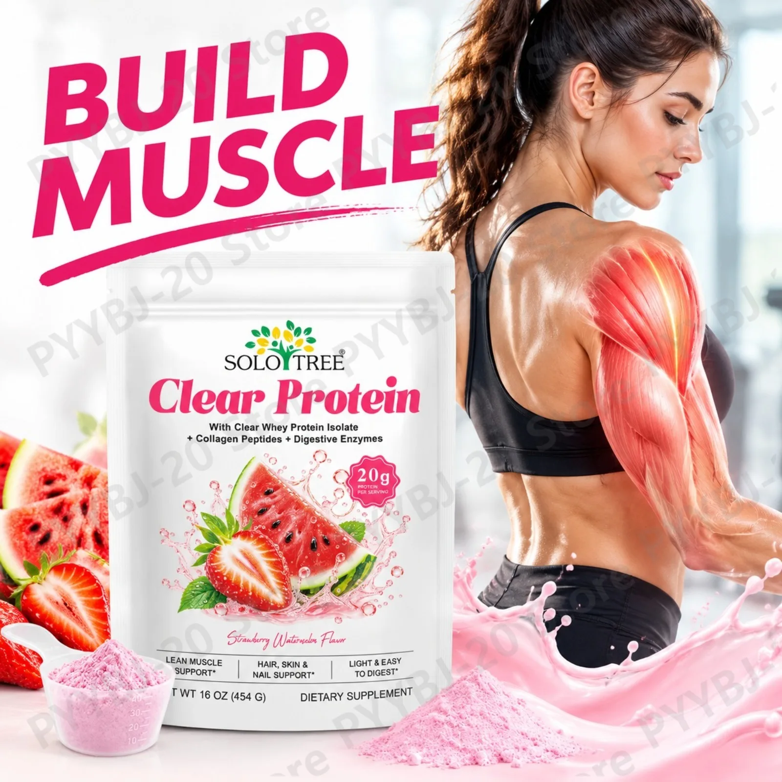 SOLOTREE Clear Whey Protein Powder Builds Muscle Nourishes Hair Skin and Nails Aids Digestion Collagen Peptides 20g Protein 454g
