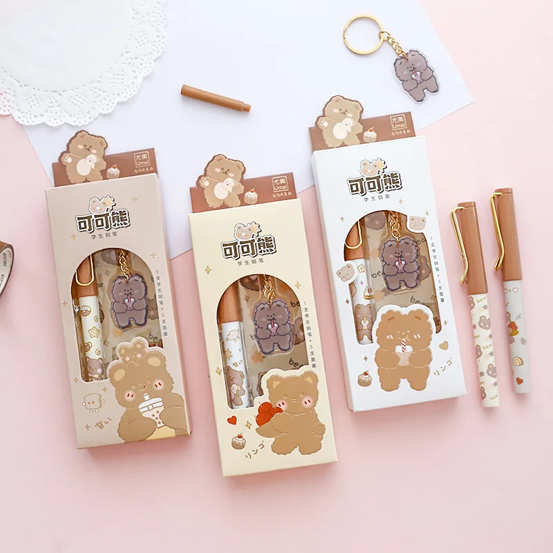 Kawaii Cocoa Bear Cartoon Fountain Pen Set School Office Writing Supplies Student Stationery Gift Prizes EF Nib Gift