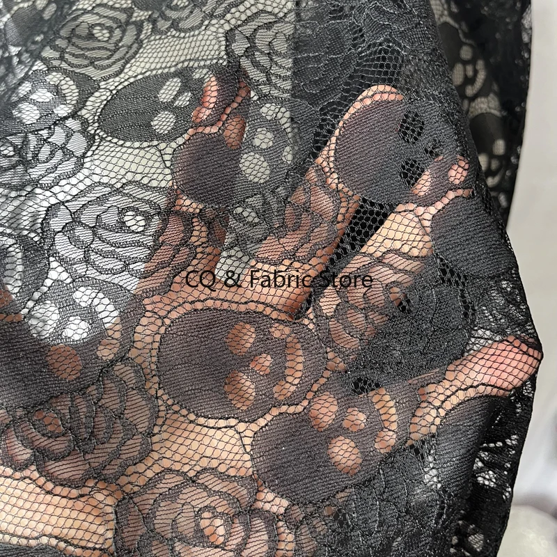 Sexy Black and White Skull Lace Fabric Hollow Out Mesh Non-stretch Apparel Dress Bridal Accessory By The Meter