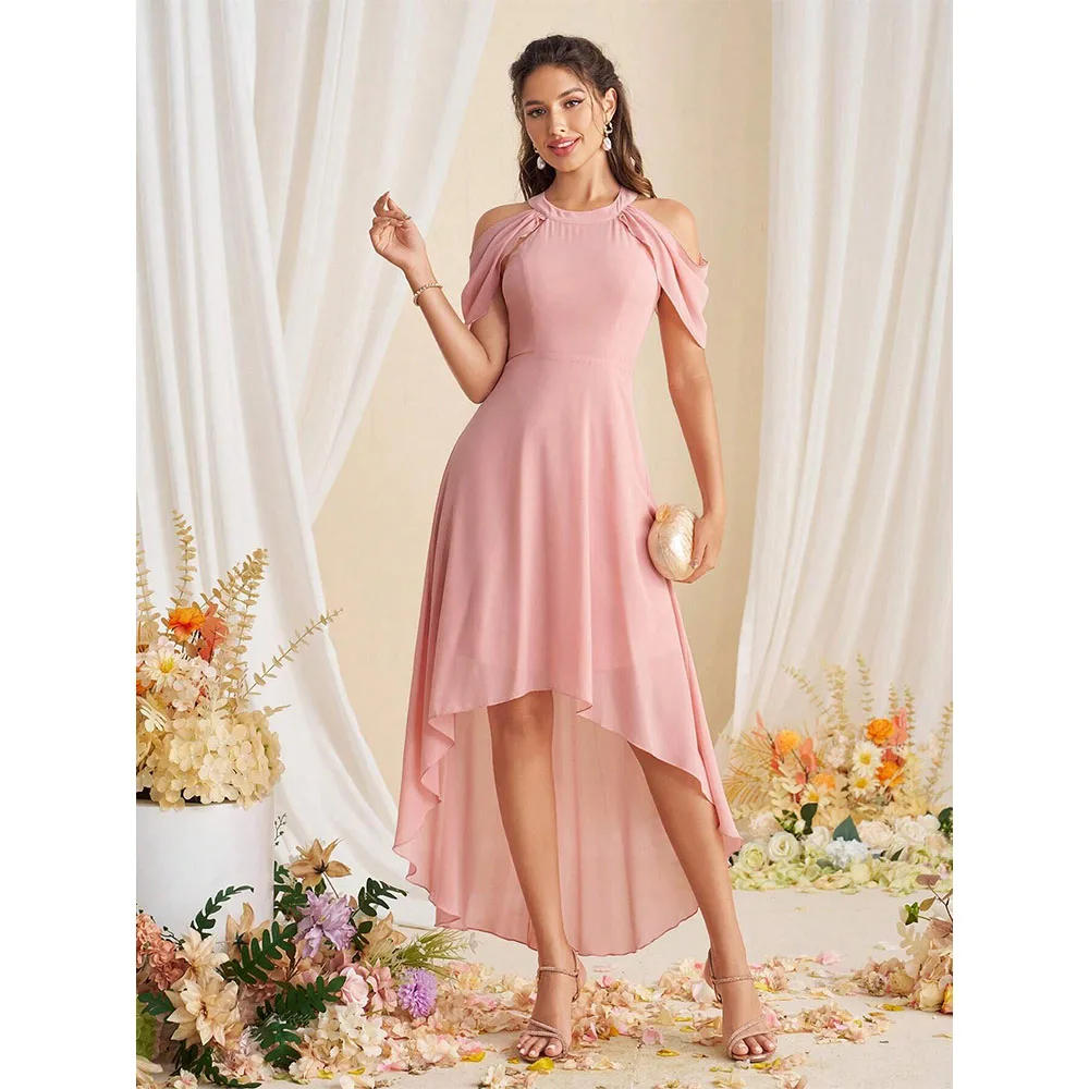 O-Neck Ruffle Chiffon A-Line Bridesmaid Dress High Low Length Cocktail Dress Saudi Arabia Evening Party Gowns Zipper Customized