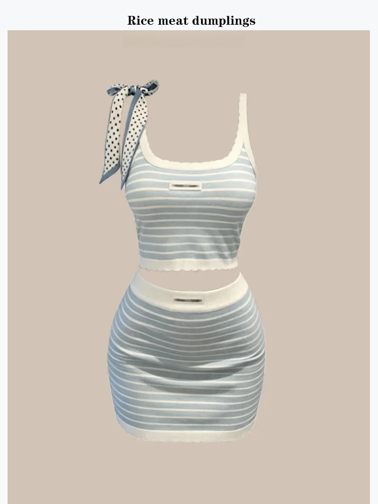 

Summer Sexy Cute Pure Desire Slimming Set Zhang Ying Style Vest Skirt Striped Pattern Short Length High Waist ...