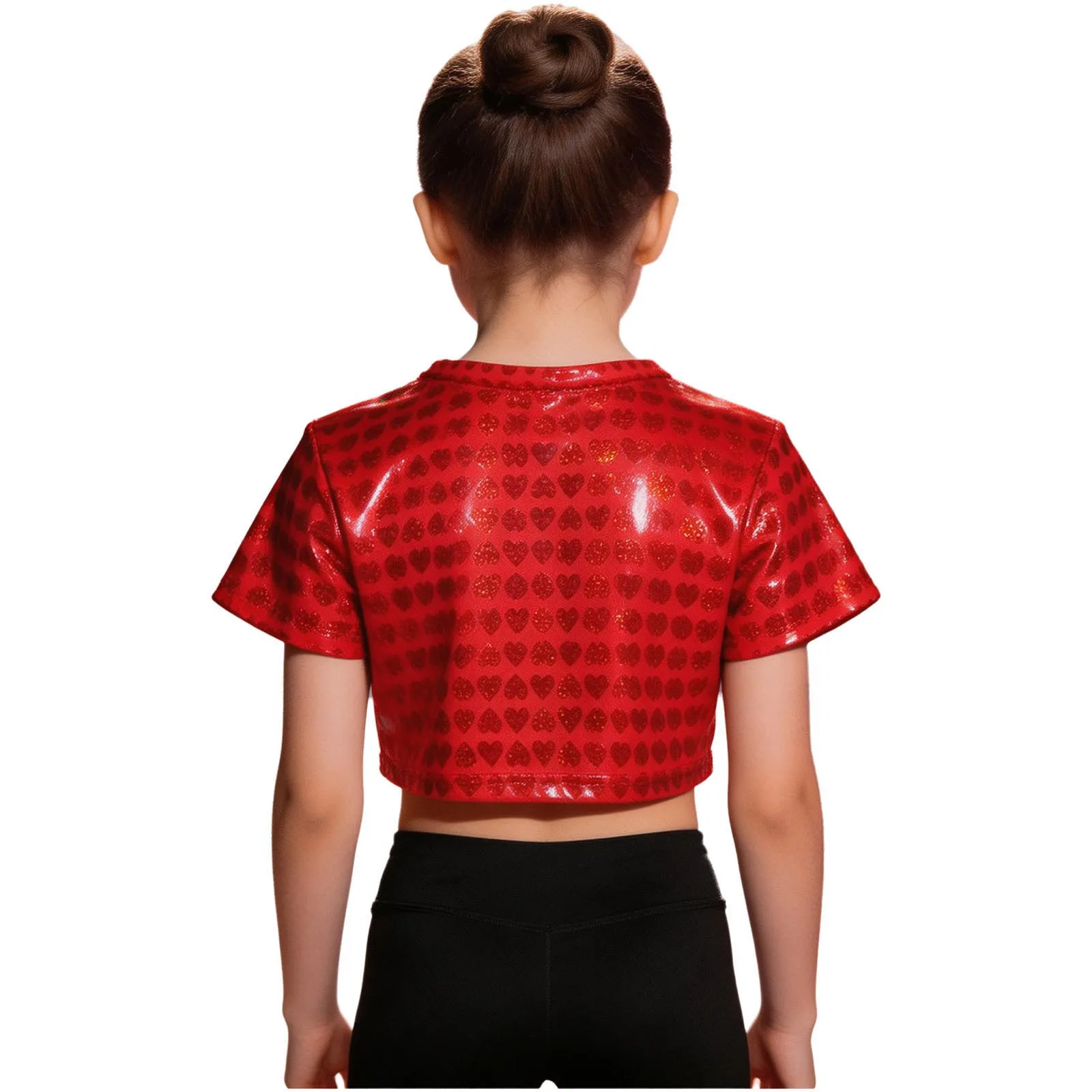 Kids Girls Metallic Hip Hop Jazz Dance Crop Top Long Sleeve Shiny Heart Printed T-shirt for Cheerleading School Show Performance