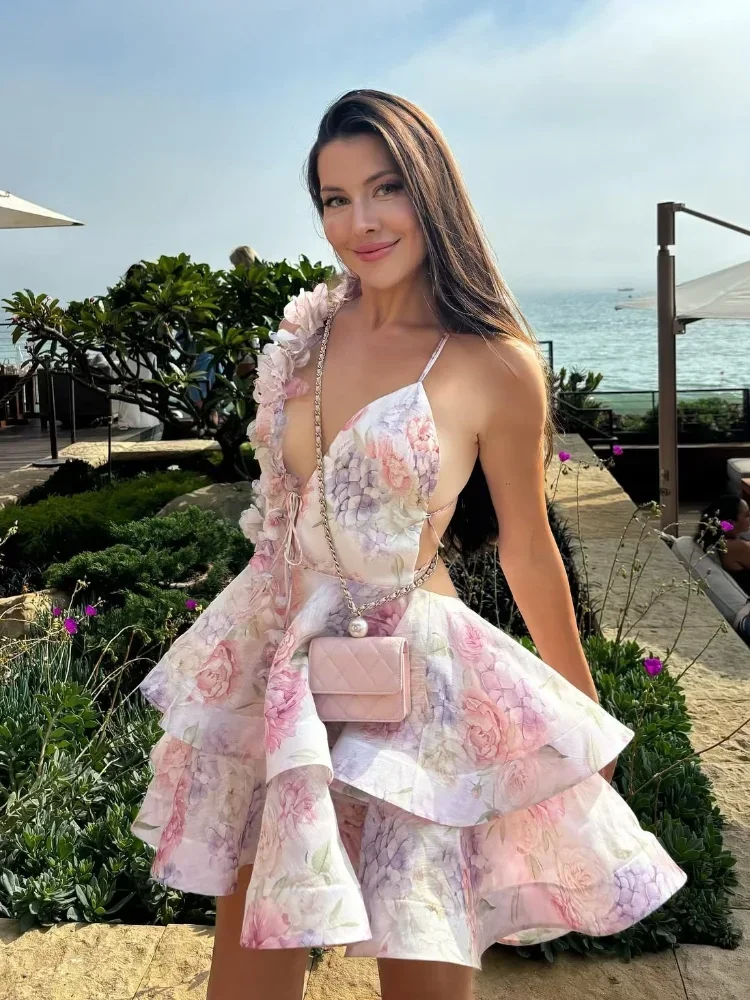 Verão sem costas sem mangas com decote em v vestidos femininos sexy 3d flor impressão mini vestidos em camadas plissado a linha férias praia vestidos