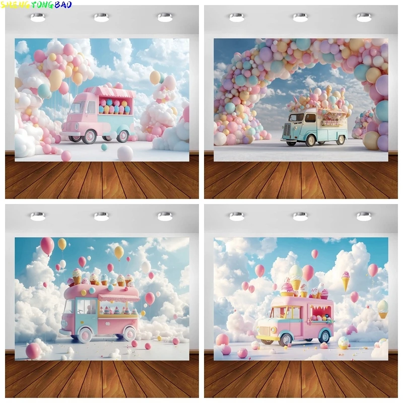 Baby 1st Birthday Ice Cream Truck Backdrop for Photography White Clouds Blue Wall Balloons Portrait Background Studio Shooting