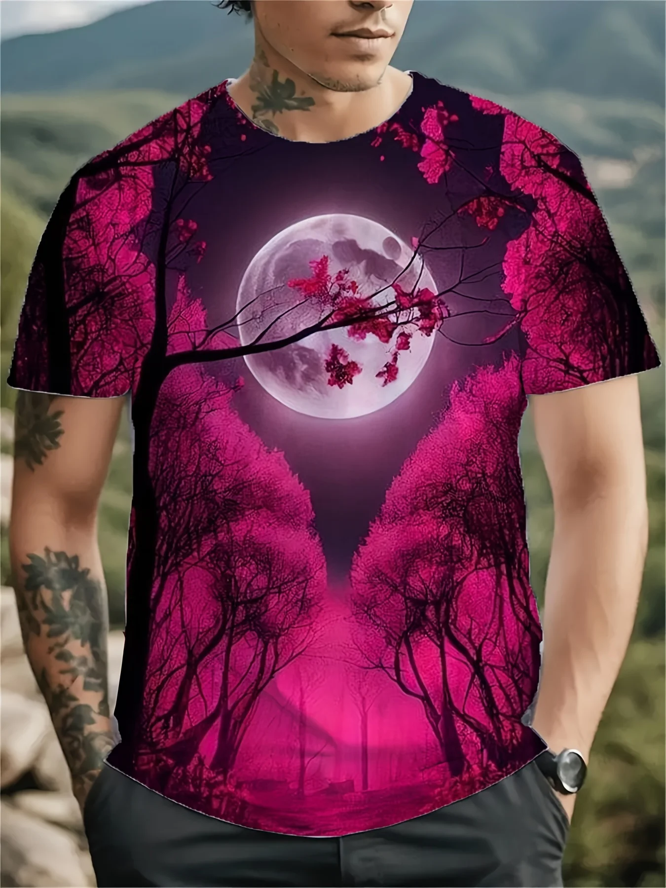 Men Pink Cherry Blossom Full Moon Forest 3D Print T-Shirt O-Neck Short Sleeve Night Scene Casual Graphic Tee