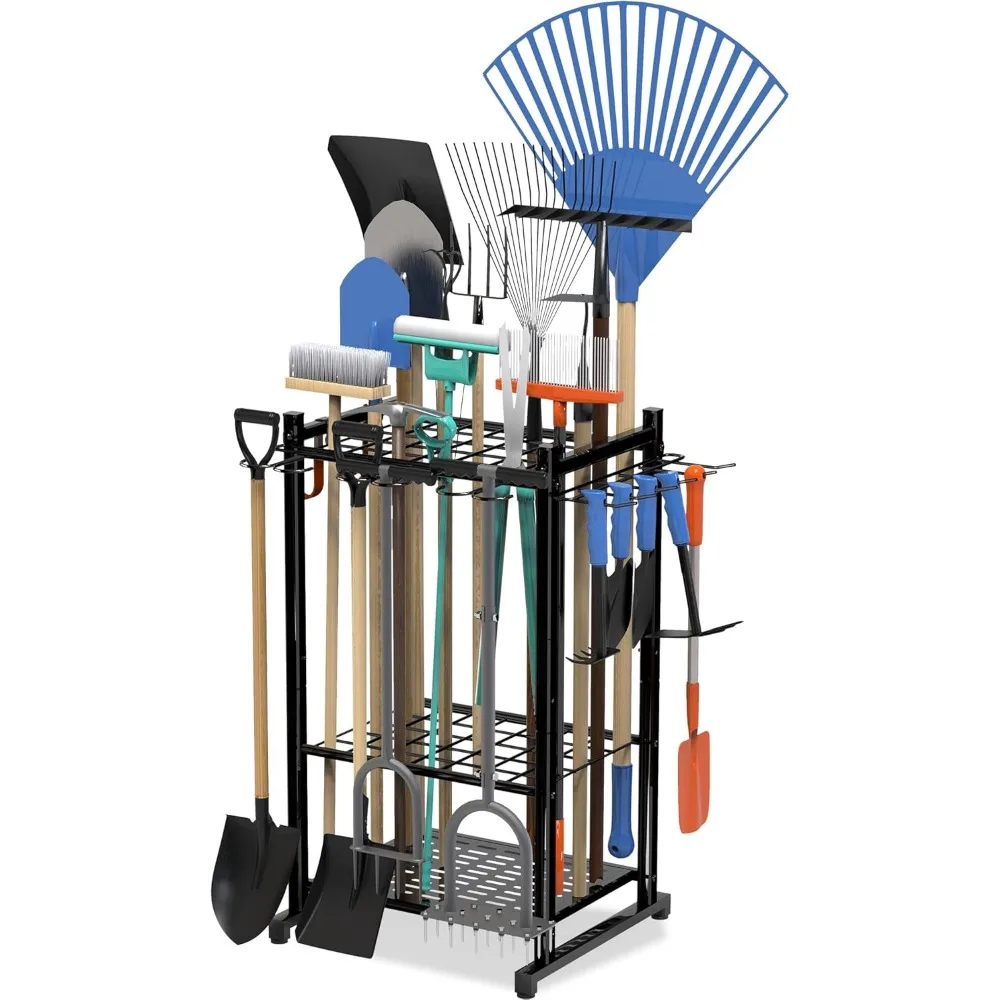 

Heavy-Duty Steel Garden Tool Organizer Rack for 50 Tools, Garage Storage Solution with 11 Hooks and Broom Holder